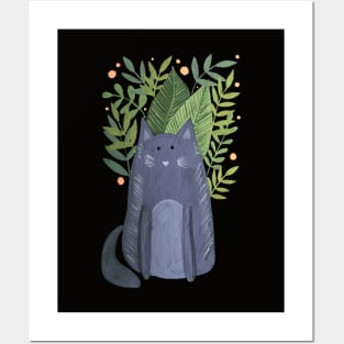 Cat and foliage - grey autumn with dark backgound Posters and Art